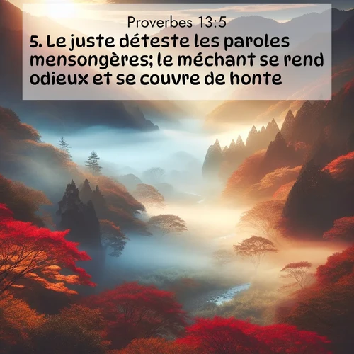 Segond21 Proverbes  ; image nature: image avec le verset biblique :Le juste déteste les paroles mensongères; le méchant se rend odieux et se couvre de honte. ;  ; 13:5
