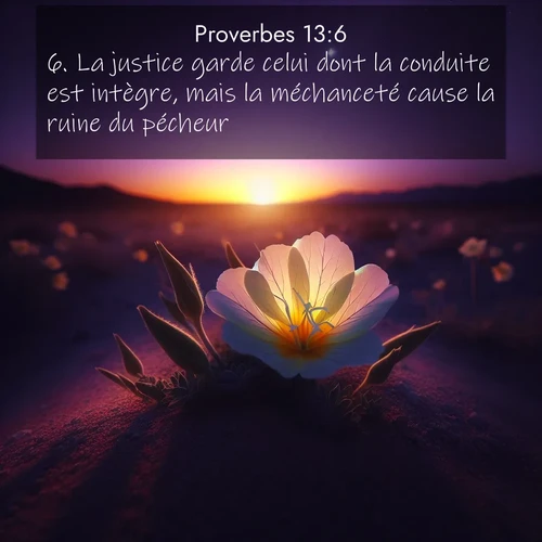 Segond21 Proverbes  ; image nature: image avec le verset biblique :La justice garde celui dont la conduite est intègre, mais la méchanceté cause la ruine du pécheur. ;  ; 13:6
