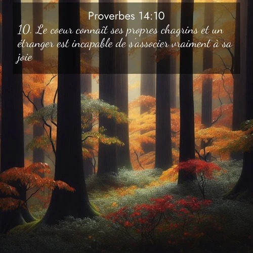 Segond21 Proverbes  ; image nature: image avec le verset biblique :Le coeur connaît ses propres chagrins et un étranger est incapable de s&#039;associer vraiment à sa joie. ;  ; 14:10