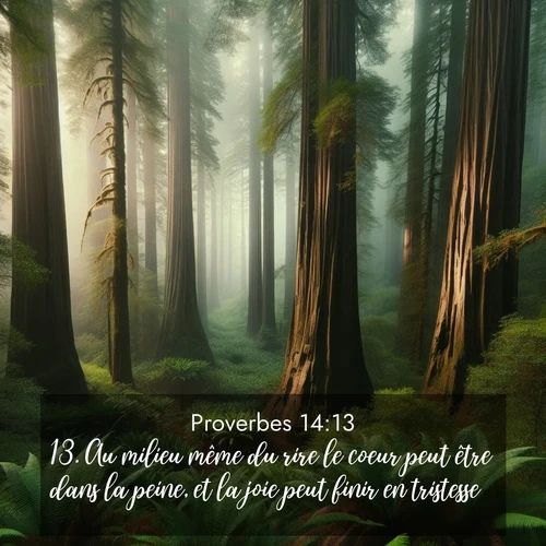 Segond21 Proverbes  ; image nature: image avec le verset biblique :Au milieu même du rire le coeur peut être dans la peine, et la joie peut finir en tristesse. ;  ; 14:13