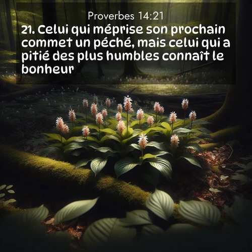 Segond21 Proverbes  ; image nature: image avec le verset biblique :Celui qui méprise son prochain commet un péché, mais celui qui a pitié des plus humbles connaît le bonheur. ;  ; 14:21