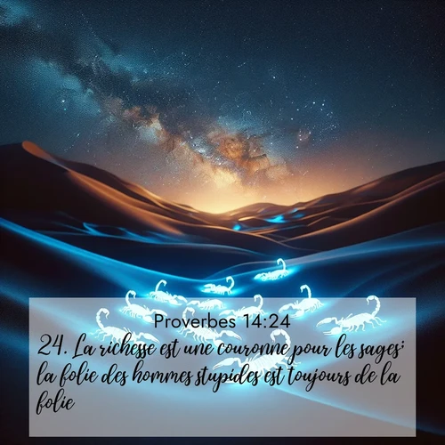 Segond21 Proverbes  ; image nature: image avec le verset biblique :La richesse est une couronne pour les sages; la folie des hommes stupides est toujours de la folie. ;  ; 14:24