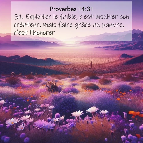 Segond21 Proverbes  ; image nature: image avec le verset biblique :Exploiter le faible, c&#039;est insulter son créateur, mais faire grâce au pauvre, c&#039;est l&#039;honorer. ;  ; 14:31