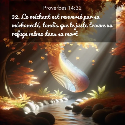 Segond21 Proverbes  ; image nature: image avec le verset biblique :Le méchant est renversé par sa méchanceté, tandis que le juste trouve un refuge même dans sa mort. ;  ; 14:32