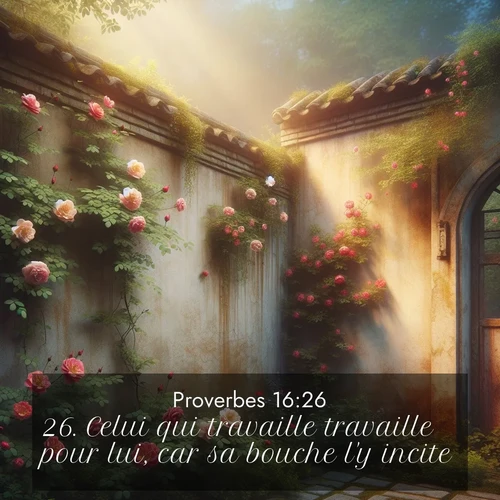 Segond21 Proverbes  ; image nature: image avec le verset biblique :Celui qui travaille travaille pour lui, car sa bouche l&#039;y incite. ;  ; 16:26