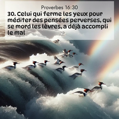 Segond21 Proverbes  ; image nature: image avec le verset biblique :Celui qui ferme les yeux pour méditer des pensées perverses, qui se mord les lèvres, a déjà accompli le mal. ;  ; 16:30