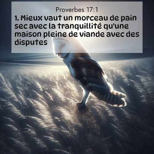 Segond21 Proverbes  ; image nature: image avec le verset biblique :Mieux vaut un morceau de pain sec avec la tranquillité qu&#039;une maison pleine de viande avec des disputes. ;  ; 17:1