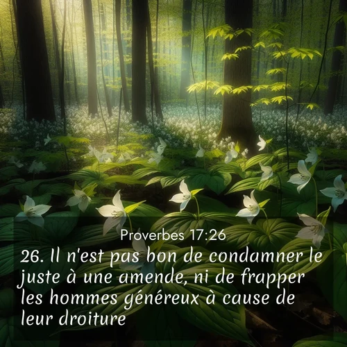 Segond21 Proverbes  ; image nature: image avec le verset biblique :Il n&#039;est pas bon de condamner le juste à une amende, ni de frapper les hommes généreux à cause de leur droiture. ;  ; 17:26
