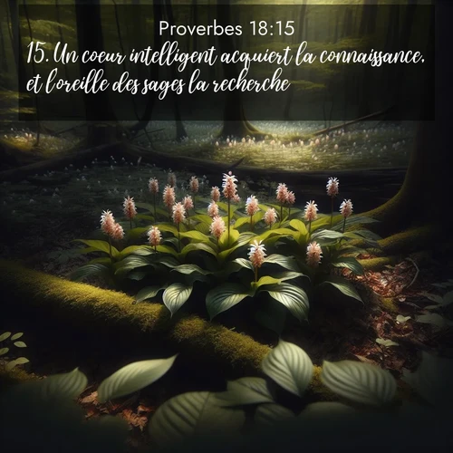 Segond21 Proverbes  ; image nature: image avec le verset biblique :Un coeur intelligent acquiert la connaissance, et l&#039;oreille des sages la recherche. ;  ; 18:15