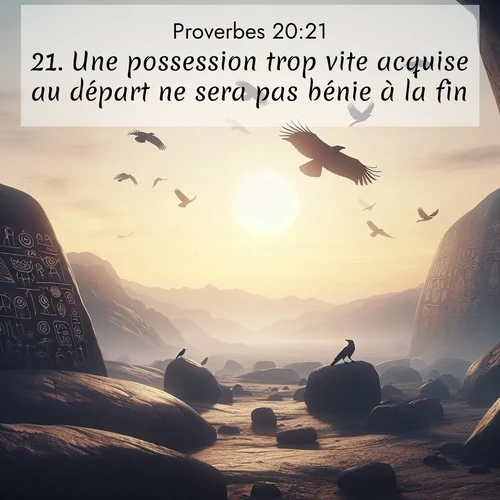 Segond21 Proverbes  ; image nature: image avec le verset biblique :Une possession trop vite acquise au départ ne sera pas bénie à la fin. ;  ; 20:21