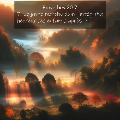 Segond21 Proverbes  ; image nature: image avec le verset biblique :Le juste marche dans l&#039;intégrité; heureux ses enfants après lui! ;  ; 20:7