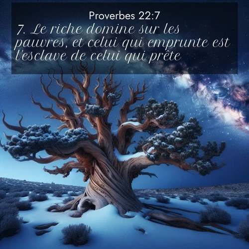 Segond21 Proverbes  ; image nature: image avec le verset biblique :Le riche domine sur les pauvres, et celui qui emprunte est l&#039;esclave de celui qui prête. ;  ; 22:7