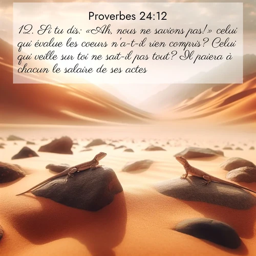 Segond21 Proverbes  ; image nature: image avec le verset biblique :Si tu dis: «Ah, nous ne savions pas!» celui qui évalue les coeurs n&#039;a-t-il rien compris? Celui qui veille sur toi ne sait-il pas tout? Il paiera à chacun le salaire de ses actes. ;  ; 24:12