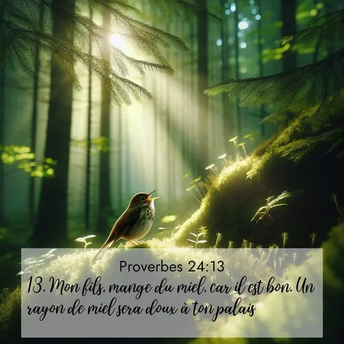 Segond21 Proverbes  ; image nature: image avec le verset biblique :Mon fils, mange du miel, car il est bon. Un rayon de miel sera doux à ton palais. ;  ; 24:13