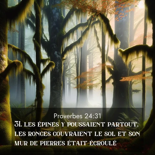 Segond21 Proverbes  ; image nature: image avec le verset biblique :les épines y poussaient partout, les ronces couvraient le sol et son mur de pierres était écroulé. ;  ; 24:31