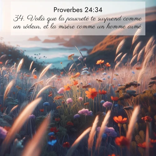 Segond21 Proverbes  ; image nature: image avec le verset biblique :Voilà que la pauvreté te surprend comme un rôdeur, et la misère comme un homme armé. ;  ; 24:34