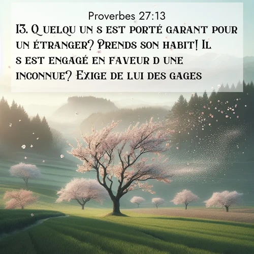 Segond21 Proverbes  ; image nature: image avec le verset biblique :Quelqu&#039;un s&#039;est porté garant pour un étranger? Prends son habit! Il s&#039;est engagé en faveur d&#039;une inconnue? Exige de lui des gages! ;  ; 27:13