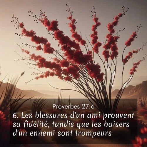 Segond21 Proverbes  ; image nature: image avec le verset biblique :Les blessures d&#039;un ami prouvent sa fidélité, tandis que les baisers d&#039;un ennemi sont trompeurs. ;  ; 27:6