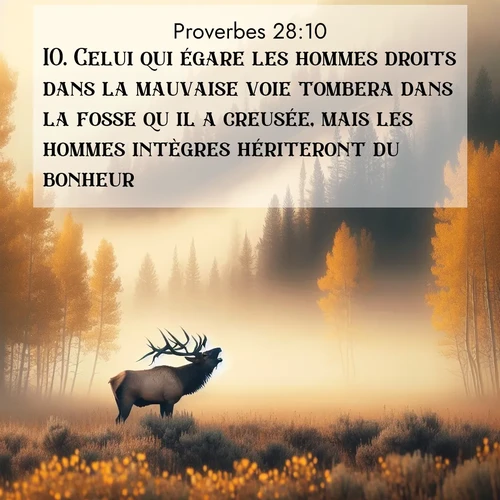 Segond21 Proverbes  ; image nature: image avec le verset biblique :Celui qui égare les hommes droits dans la mauvaise voie tombera dans la fosse qu&#039;il a creusée, mais les hommes intègres hériteront du bonheur. ;  ; 28:10