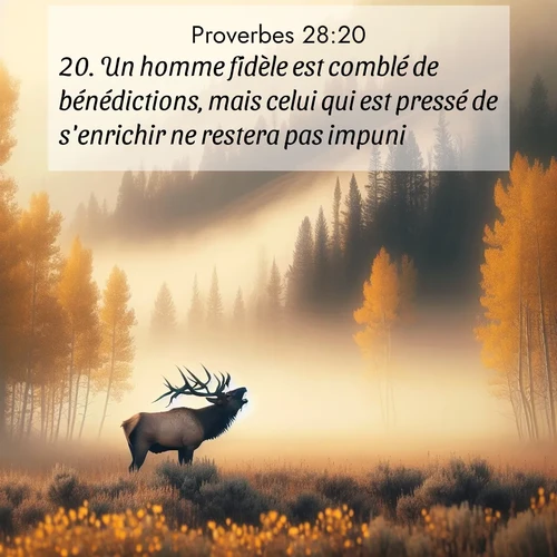 Segond21 Proverbes  ; image nature: image avec le verset biblique :Un homme fidèle est comblé de bénédictions, mais celui qui est pressé de s&#039;enrichir ne restera pas impuni. ;  ; 28:20