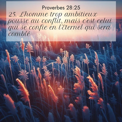 Segond21 Proverbes  ; image nature: image avec le verset biblique :L&#039;homme trop ambitieux pousse au conflit, mais c&#039;est celui qui se confie en l&#039;Eternel qui sera comblé. ;  ; 28:25