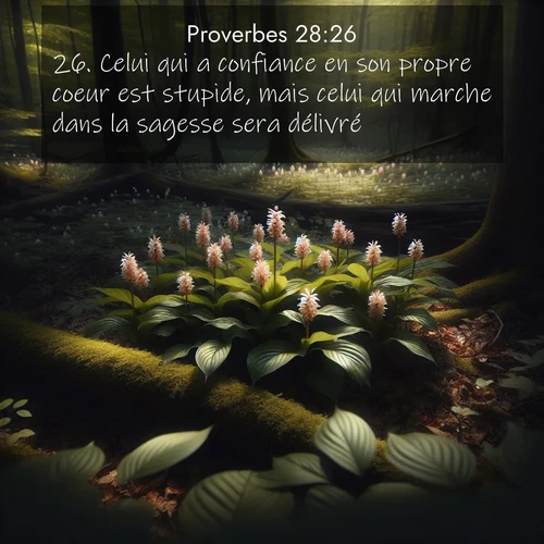Segond21 Proverbes  ; image nature: image avec le verset biblique :Celui qui a confiance en son propre coeur est stupide, mais celui qui marche dans la sagesse sera délivré. ;  ; 28:26