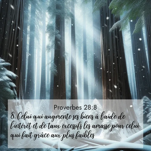 Segond21 Proverbes  ; image nature: image avec le verset biblique :Celui qui augmente ses biens à l&#039;aide de l&#039;intérêt et de taux excessifs les amasse pour celui qui fait grâce aux plus faibles. ;  ; 28:8