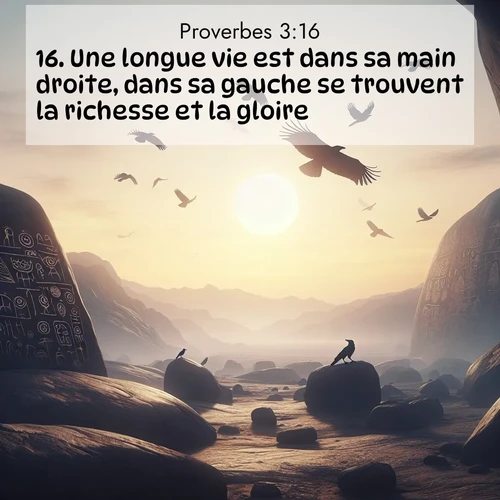 Segond21 Proverbes  ; image nature: image avec le verset biblique :Une longue vie est dans sa main droite, dans sa gauche se trouvent la richesse et la gloire. ;  ; 3:16