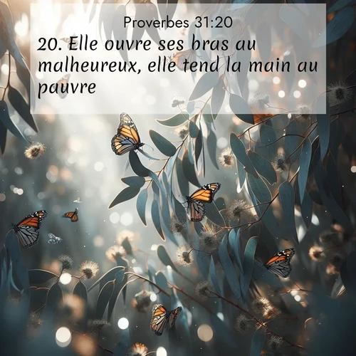 Segond21 Proverbes  ; image nature: image avec le verset biblique :Elle ouvre ses bras au malheureux, elle tend la main au pauvre. ;  ; 31:20