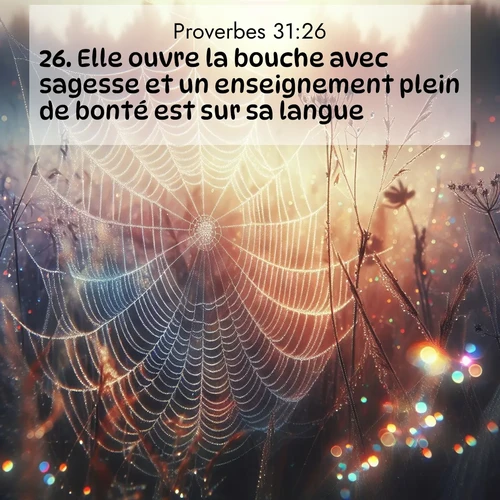 Segond21 Proverbes  ; image nature: image avec le verset biblique :Elle ouvre la bouche avec sagesse et un enseignement plein de bonté est sur sa langue. ;  ; 31:26
