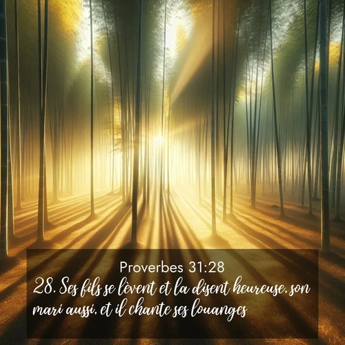 Segond21 Proverbes  ; image nature: image avec le verset biblique :Ses fils se lèvent et la disent heureuse, son mari aussi, et il chante ses louanges: ;  ; 31:28