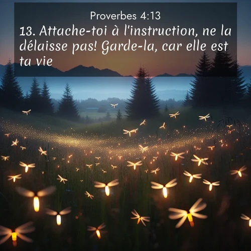 Segond21 Proverbes  ; image nature: image avec le verset biblique :Attache-toi à l&#039;instruction, ne la délaisse pas! Garde-la, car elle est ta vie. ;  ; 4:13