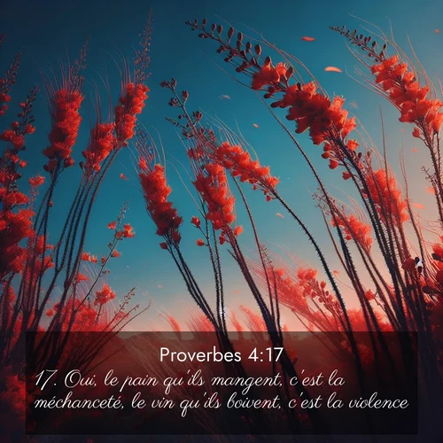 Segond21 Proverbes  ; image nature: image avec le verset biblique :Oui, le pain qu&#039;ils mangent, c&#039;est la méchanceté, le vin qu&#039;ils boivent, c&#039;est la violence. ;  ; 4:17