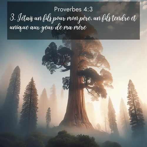 Segond21 Proverbes  ; image nature: image avec le verset biblique :J&#039;étais un fils pour mon père, un fils tendre et unique aux yeux de ma mère. ;  ; 4:3