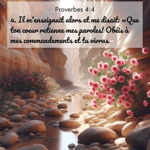 Segond21 Proverbes  ; image nature: image avec le verset biblique :Il m&#039;enseignait alors et me disait: «Que ton coeur retienne mes paroles! Obéis à mes commandements et tu vivras. ;  ; 4:4