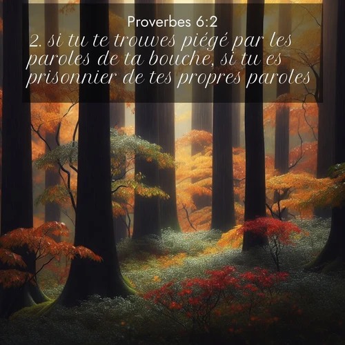 Segond21 Proverbes  ; image nature: image avec le verset biblique :si tu te trouves piégé par les paroles de ta bouche, si tu es prisonnier de tes propres paroles, ;  ; 6:2