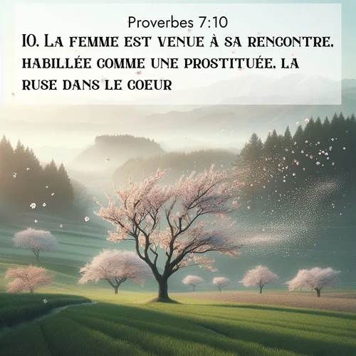 Segond21 Proverbes  ; image nature: image avec le verset biblique :La femme est venue à sa rencontre, habillée comme une prostituée, la ruse dans le coeur. ;  ; 7:10
