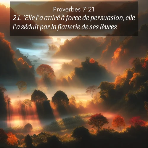 Segond21 Proverbes  ; image nature: image avec le verset biblique :Elle l&#039;a attiré à force de persuasion, elle l&#039;a séduit par la flatterie de ses lèvres. ;  ; 7:21