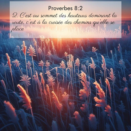Segond21 Proverbes  ; image nature: image avec le verset biblique :C&#039;est au sommet des hauteurs dominant la route, c&#039;est à la croisée des chemins qu&#039;elle se place. ;  ; 8:2