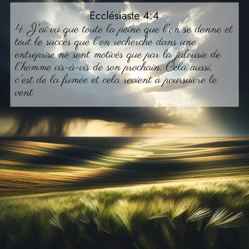 Segond21 Ecclésiaste  ; image nature: image avec le verset biblique :J&#039;ai vu que toute la peine que l&#039;on se donne et tout le succès que l&#039;on recherche dans une entreprise ne sont motivés que par la jalousie de l&#039;homme vis-à-vis de son prochain. Cela aussi, c&#039;est de la fumée et cela revient à poursuivre le vent. ;  ; 4:4