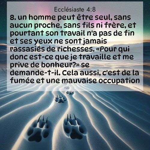 Segond21 Ecclésiaste  ; image nature: image avec le verset biblique :un homme peut être seul, sans aucun proche, sans fils ni frère, et pourtant son travail n&#039;a pas de fin et ses yeux ne sont jamais rassasiés de richesses. «Pour qui donc est-ce que je travaille et me prive de bonheur?» se demande-t-il. Cela aussi, c&#039;est de la fumée et une mauvaise occupation. ;  ; 4:8