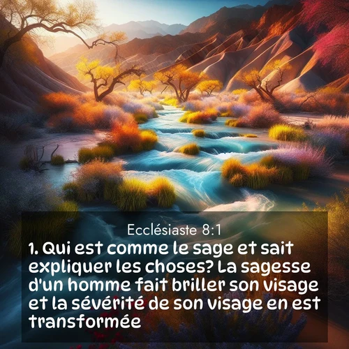 Segond21 Ecclésiaste  ; image nature: image avec le verset biblique :Qui est comme le sage et sait expliquer les choses? La sagesse d&#039;un homme fait briller son visage et la sévérité de son visage en est transformée. ;  ; 8:1