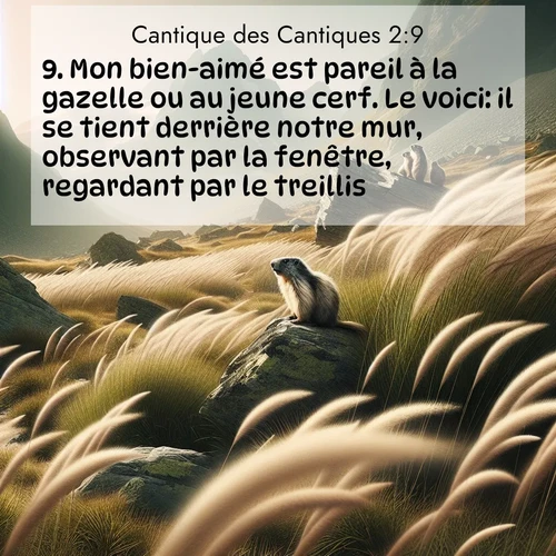 Segond21 Cantique des Cantiques  ; image nature: image avec le verset biblique :Mon bien-aimé est pareil à la gazelle ou au jeune cerf. Le voici: il se tient derrière notre mur, observant par la fenêtre, regardant par le treillis. ;  ; 2:9