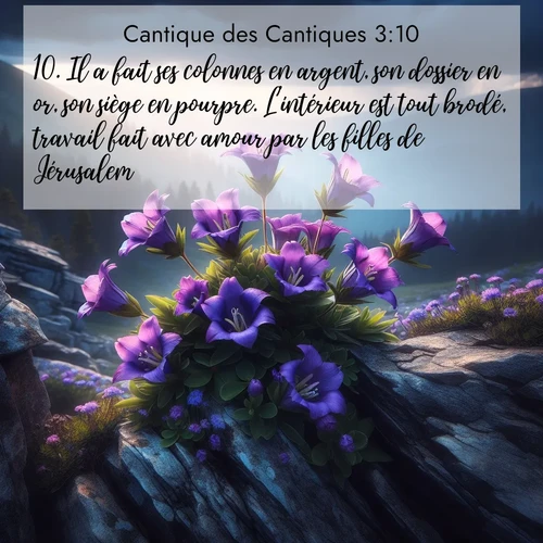 Segond21 Cantique des Cantiques  ; image nature: image avec le verset biblique :Il a fait ses colonnes en argent, son dossier en or, son siège en pourpre. L&#039;intérieur est tout brodé, travail fait avec amour par les filles de Jérusalem. ;  ; 3:10