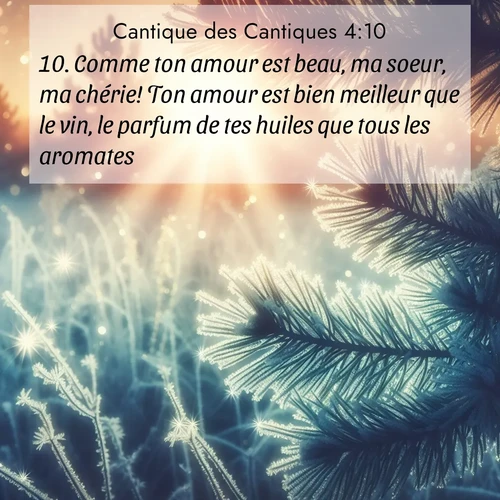 Segond21 Cantique des Cantiques  ; image nature: image avec le verset biblique :Comme ton amour est beau, ma soeur, ma chérie! Ton amour est bien meilleur que le vin, le parfum de tes huiles que tous les aromates! ;  ; 4:10