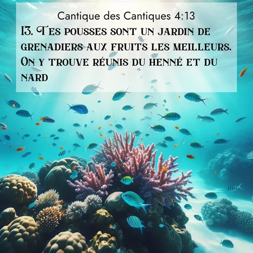 Segond21 Cantique des Cantiques  ; image nature: image avec le verset biblique :Tes pousses sont un jardin de grenadiers aux fruits les meilleurs. On y trouve réunis du henné et du nard, ;  ; 4:13