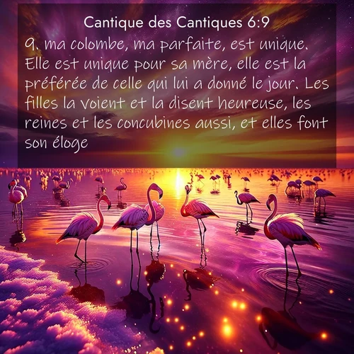 Segond21 Cantique des Cantiques  ; image nature: image avec le verset biblique :ma colombe, ma parfaite, est unique. Elle est unique pour sa mère, elle est la préférée de celle qui lui a donné le jour. Les filles la voient et la disent heureuse, les reines et les concubines aussi, et elles font son éloge. ;  ; 6:9
