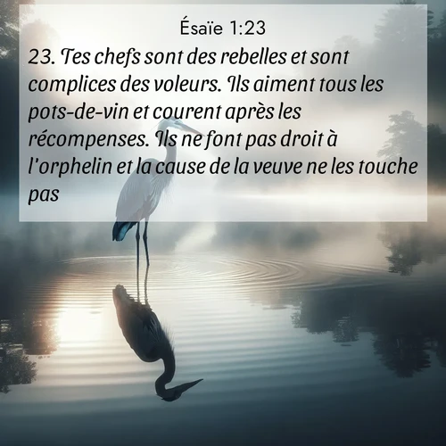 citation biblique : 23. Tes chefs sont des rebelles et sont complices des voleurs. Ils aiment tous les pots-de-vin et courent après les récompenses. Ils ne font pas droit à l&#039;orphelin et la cause de la veuve ne les touche pas.
 sur fond image nature