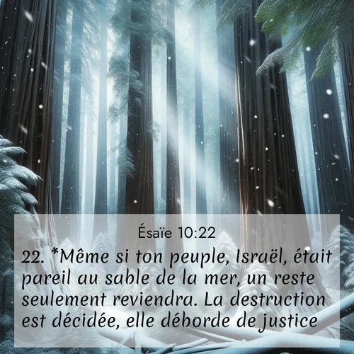 Segond21 Ésaïe  ; image nature: image avec le verset biblique :*Même si ton peuple, Israël, était pareil au sable de la mer, un reste seulement reviendra. La destruction est décidée, elle déborde de justice. ;  ; 10:22