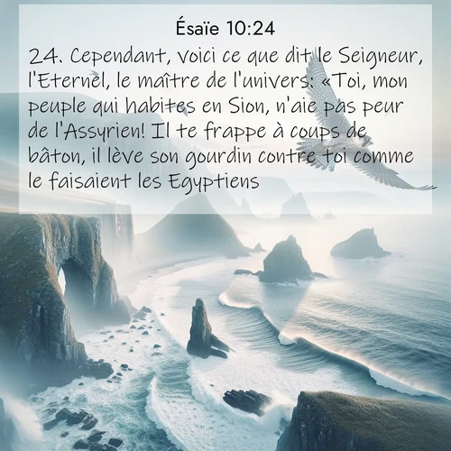 Segond21 Ésaïe  ; image nature: image avec le verset biblique :Cependant, voici ce que dit le Seigneur, l&#039;Eternel, le maître de l&#039;univers: «Toi, mon peuple qui habites en Sion, n&#039;aie pas peur de l&#039;Assyrien! Il te frappe à coups de bâton, il lève son gourdin contre toi comme le faisaient les Egyptiens, ;  ; 10:24